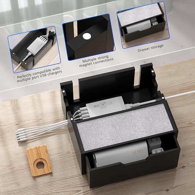 Pezin & Hulin Bamboo Charging Station for Multi Device, with Power Charger & Cables, Nightstand Docking Station with Lined Tray & Drawer, Compatible with Tablet, Cell Phones-Black