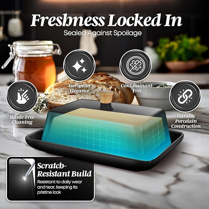 Flexzion Ceramic Black European Butter Dish with Lid for Countertop (8 Inch) - Wide 2 Stick Double Butter Holder for Counter, Cream Cheese Container Storage Keeper