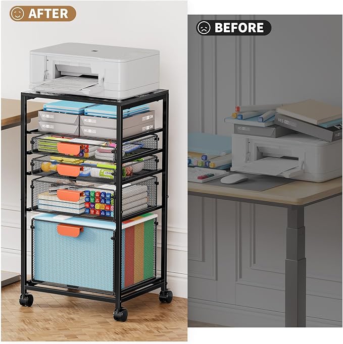 Marbrasse Rolling File Cart with 4 Storage Drawers, Mobile File Cabinet on Lockable Wheels, Hanging Filing Cabinet Organize, Under Desk Utility Cart for Home Office