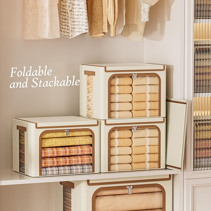 Yecaye Clothes Storage Bins with Metal Frame, Foldable Clothing Storage Bin with Lid, Stackable Oxford Fabric Organizer Box With Clear Window & Zippers & PU Leather Handles (3 Pack,Beige,66L)