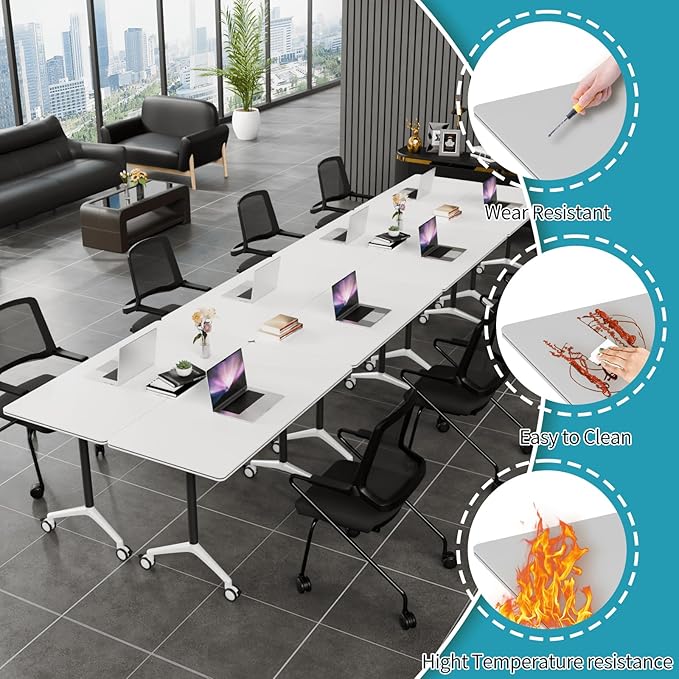 Folding Conference Table, Modern Conference Room Tables with Flip-Top Design, Foldable Conference Table Meeting Table with Wheels, Mobile Seminar Training Tables for Office Classroom (2, White 2)