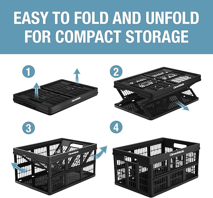CleverMade Collapsible Utility Crates-Obsidian 3pck 45L / 11 Gal holds 66 lbs - Stackable Containers Heavy Duty Capacity Crates Space-Saving Baskets