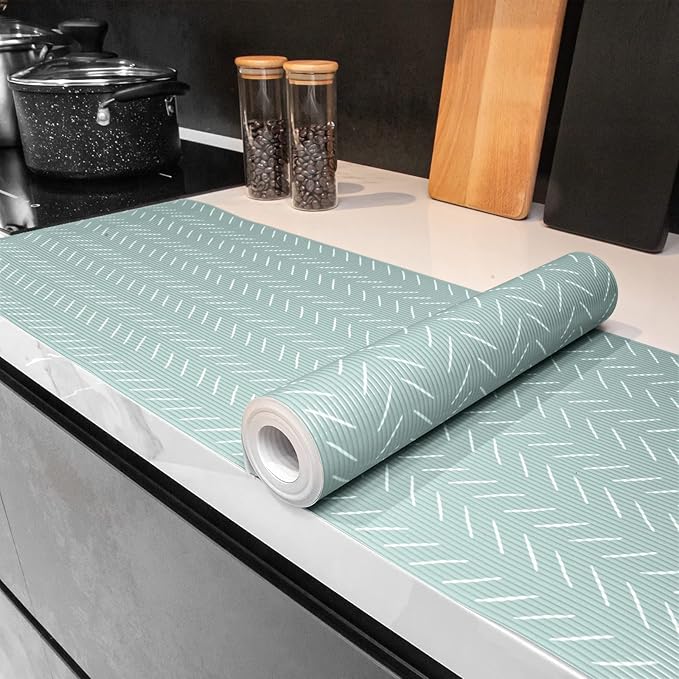 Glotoch Shelf Liners for Kitchen Cabinets, 12in x 20FT Non-Adhesive Liners for Shelves,Non Slip Waterproof Contact Paper for Drawers Pantry EVA Wire Shelf Liner,Green Herringbone