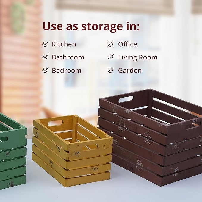 wald imports - Set of 3 Red, Green & Gold Wooden Crates for Storage - Decorative Wooden Crate Set for Home Decoration & Display - Vintage Storage for Household Goods