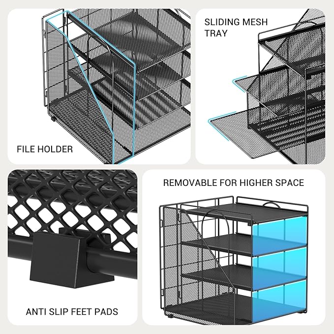 Desk Organizer, 4-Tier Metal Paper Organizer for Desk with Vertical File Holder, Office Accessories and Desktop Storage for Office Supplies (Black)