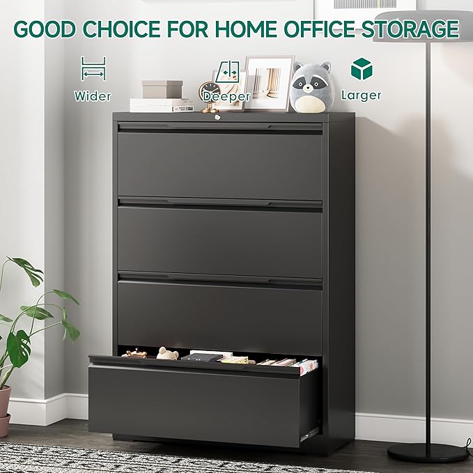 Metal Steel Filling Cabinets for Home Office - 4 Drawer Lockable Lateral File Cabinet for Hanging Files Letter/Legal/F4/A4 Size, Assembly Required - Black