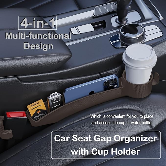 Car Seat Gap Plug with Storage Slot, Auto Gap Filler Organizer with Cup Holder, Universal Carseat Side Gap Filler Strip 2 Pack Between Front Seats & Console, Anti-Drop Pad with Seatbelt Holes, Brown