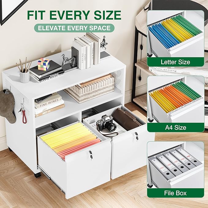 Metal File Cabinet,2 Drawer Lateral Filing Cabinet with Lock,Rolling Printer Stand Storage Cabinets with Shelves for Home Office Letter/Legal/A4 Size Files(White)