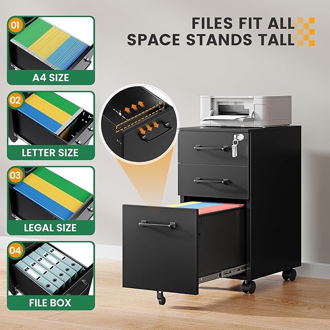 3 Drawer Slim File Cabinet, Mobile Filing Cabinet with Lock,Black Rolling Narrow File Cabinets with Casters, Under Desk Office Cabinets for Home Office,Fit A4/Letter/Legal(Unassembled)