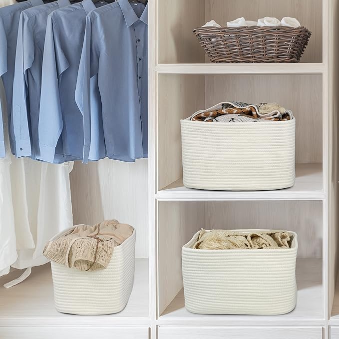 Cotton Rope storage Basket Bins Woven Basket for Organizing Shelves 15X10X9.3" Rectangle Decorative Baskets For storage Clothes Toys Books Towels Nursery basket organizer 3 pack white