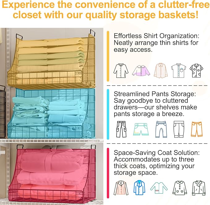 4-Pack Stackable Wire Baskets for Closet Organizers and Storage, Open Storage Bins for Clothes, Toys, and Snacks - Rustic Metal Closet Organizer and Shelves in Black