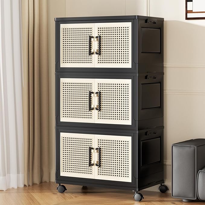 Stackable Storage Bins with Lids,Collapsible Plastic Storage Box Closet Organizers and Storage with Wheels and Magnetic Door for Home Office Dorm (3 Pack)