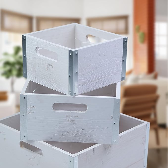wald imports - Set of 3 Rustic Whitewash Wooden Crates for Storage - Decorative Wooden Crate Set for Home Decoration & Display - Vintage Storage for Household Goods