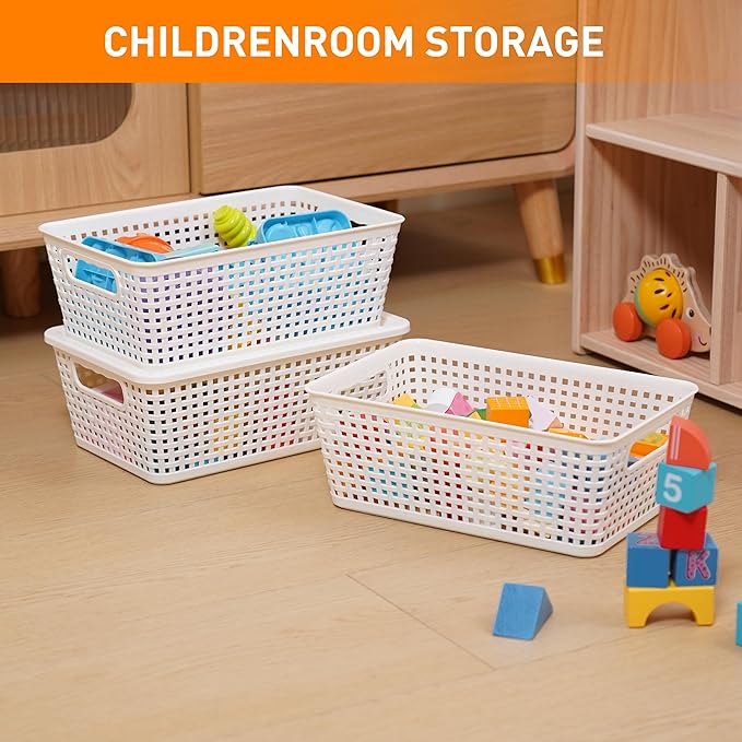 Plastic Storage Baskets With Lid, Storage Bins for Organizing, Stackable Decorative Containers for Shelves Drawers Desktop Closet Playroom Classroom Office, 10 Pack-White