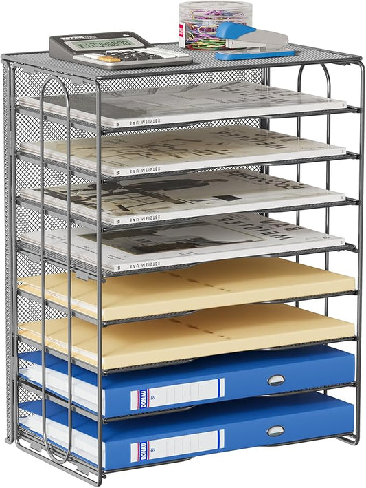 EasyPAG Mesh Desk Filer Organizer Tray 8 Slot Office Desk Paper Storage Organizer for A4 / Letter Sizer Floder, Silver
