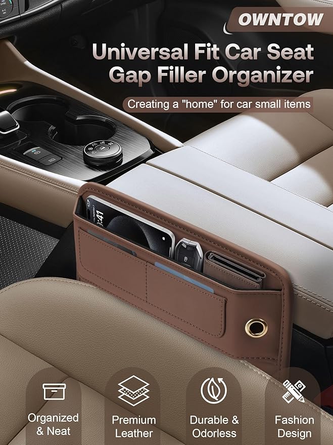 Premium Leather Car Seat Gap Filler Organizer, Universal Fit Accessories for Women/Men Interior, Center Console Organizer with Card Slots for Car, SUV, Truck (Brown, 1 Pack)
