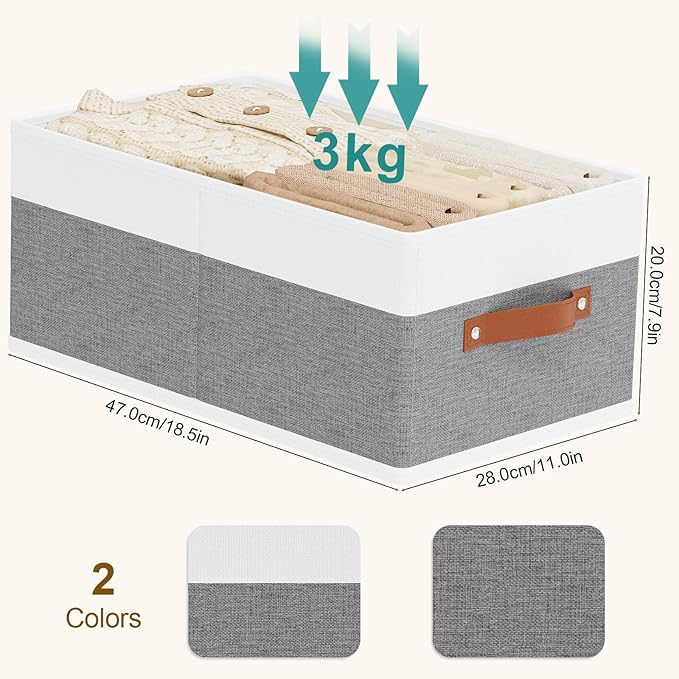 Storage Basket for Shelves, Closet Bin with Handles, 18.5×11×7.9inch Open Foldable Baskets, Fabric Containers Clothes Boxes for Organizing, White and Grey, 6-Pack