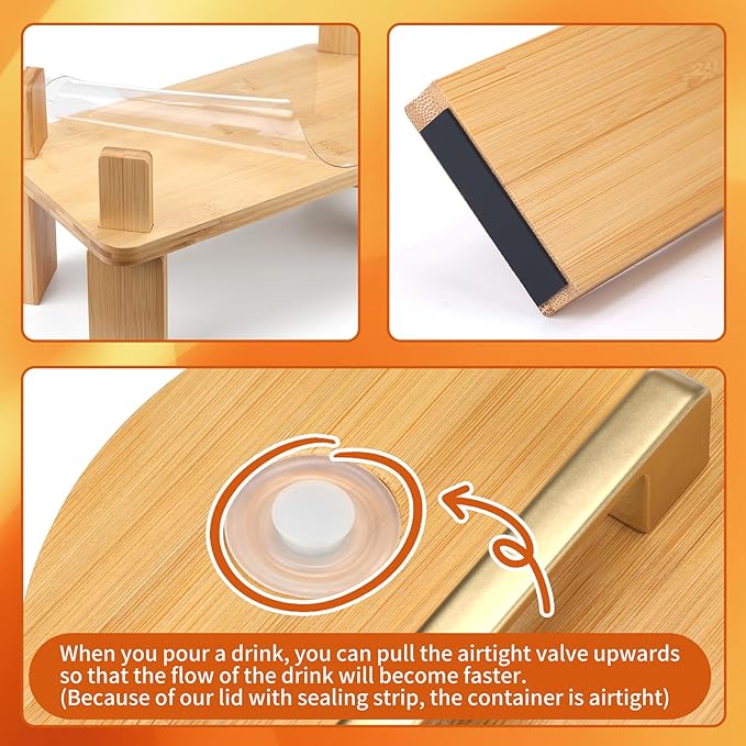 1.5 Gallon 2 PACK Glass Drink dispenser, Beverage Dispenser With Wood Stand, Lemonade Dispenser with Airtight Valve and Stainless Steel Spigot,Drink Dispenser for Parties