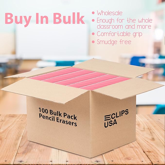 Erasers Bulk, 100 Pink Erasers for School, School Supplies for Kids
