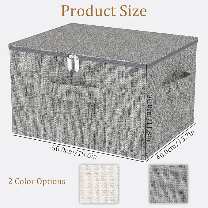 Underbed Storage Box, Foldable Cube Baskets with Lid, Bins for Organizing Clothes, Shoes, Blankets, Pillows, 19.6x15.7x11.8Inches, Grey, 2 Pack