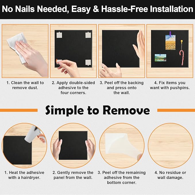 8 Pack 24"x48" Cork Boards for Walls, 89 Pcs Felt Cork Board Bulletin Board Kit with 40 Double-Sided Tapes, 30 Pushpins, 5 Clip Push Pins & 5 Push Pin Hooks, Wall Tile Vision Board for Office Home