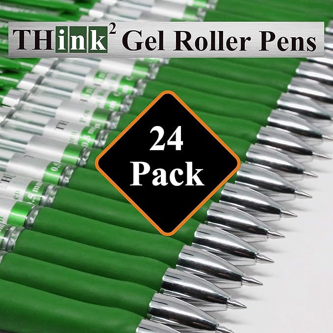 THINK2MASTER [24 Pens - Green Ink] Think2 Retractable Gel Pens. (24 Green) Fine Point (0.5mm) Rollerball Pens with Comfort Grip.