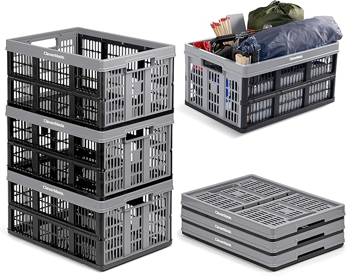 CleverMade Collapsible Utility Crates - Stone 3 Pack 45L / 11 Gal holds 66 lbs - Stackable Containers Heavy Duty Capacity Crates-Space-Saving Baskets