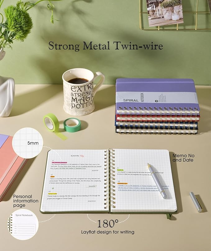 Graph Spiral Journal Notebook, A5 Hardcover Spiral Journals for Women Men, 100 GSM Graph Paper Notebooks, 150 Pages Spiral Bound Grid Notebook for Writing Note Taking Work 5.75" x 8.38" Olive Green