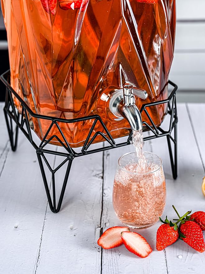 Glacial Ice Design Glass Beverage Dispenser with SS Spigot and Stand - 2.5 Gal