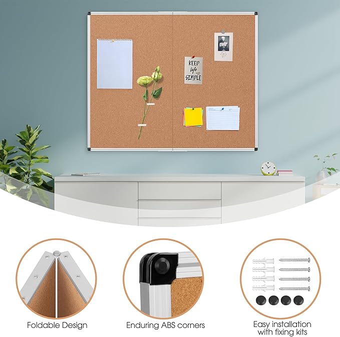 Board2by Extra Large Cork Bulletin Board 48" X 48", Foldable Notice Pin Board for Wall, Silver Aluminum Framed 4'x4' Corkboard, Wall Mounted Noticeboard with 36 Push Pins for School, Home & Office