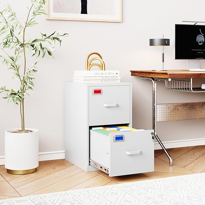 2 Drawer File Cabinet with Lock, 25.4" High Vertical Filing Cabinet, 17.7" Deep Metal Storage Cabinets for Home Office, Letter/Legal/A4/F4 Size, White(Assemble Required)
