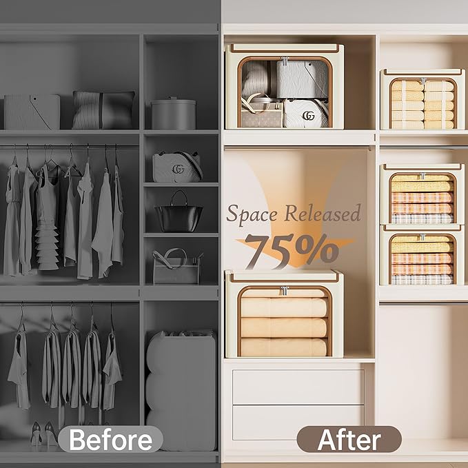 Yecaye Clothes Storage Bins with Metal Frame, Foldable Clothing Storage Bin with Lid, Stackable Oxford Fabric Organizer Box With Clear Window & Zippers & PU Leather Handles (3 Pack,Beige,66L)