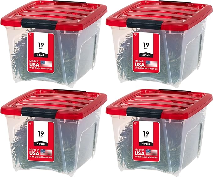 IRIS USA 19 Qt. Stackable Plastic Storage Bins with Lids, 4 Pack - BPA-Free, See-Through Organizing Solution, Latches, Durable Nestable Containers, Secure Pull Handle, Made in USA - Red