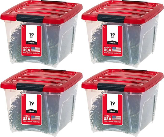 IRIS USA 19 Qt. Stackable Plastic Storage Bins with Lids, 4 Pack - BPA-Free, See-Through Organizing Solution, Latches, Durable Nestable Containers, Secure Pull Handle, Made in USA - Red
