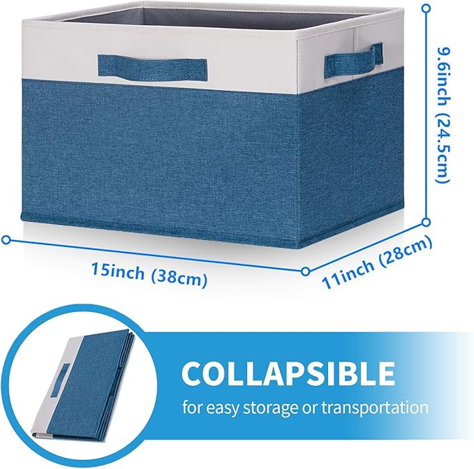 GhvyenntteS Storage Baskets for Shelves 3 Pack, Large Fabric Storage Bins with 3 Handles, Collapsible Closet Organizers and Storage, Sturdy Closet Organizer Bins/Laundry Room Organization, Blue