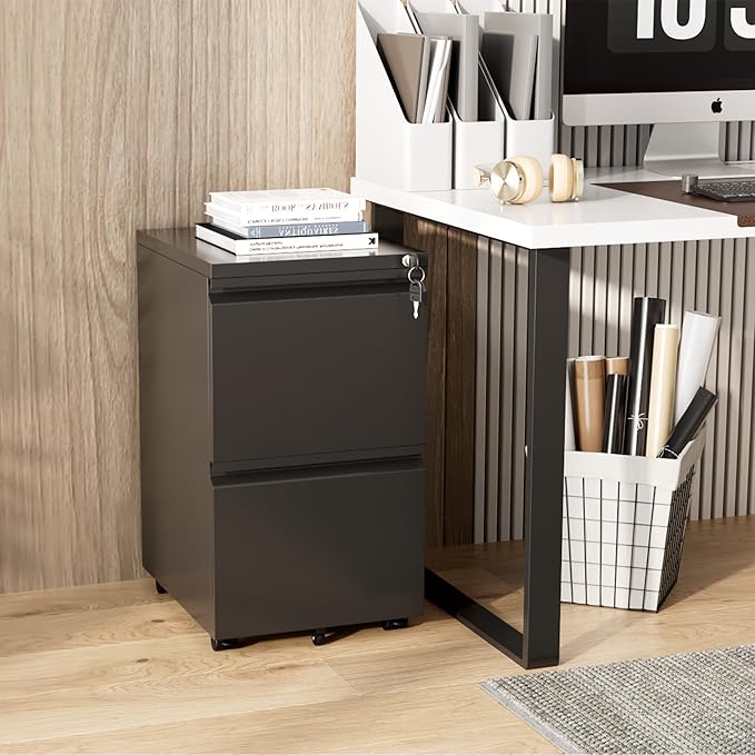 Greenvelly 2 Drawer Mobile File Cabinet with Lock, Metal Filing Cabinet on Wheels, Under Desk File Cabinet for Home Office Organizer Letter/Legal/A4 File (Assembly Required, Black)