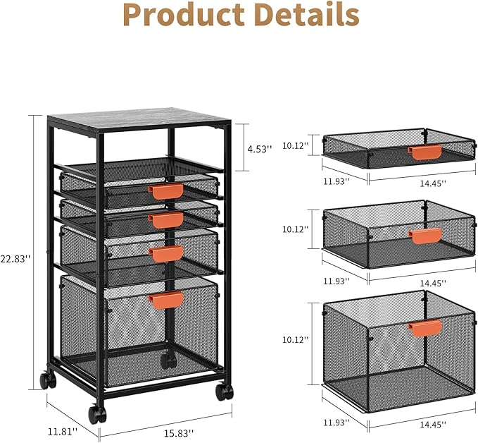 Marbrasse Rolling File Cart with 4 Storage Drawers, Mobile File Cabinet on Lockable Wheels, Hanging Filing Cabinet Organize, Under Desk Utility Cart for Home Office