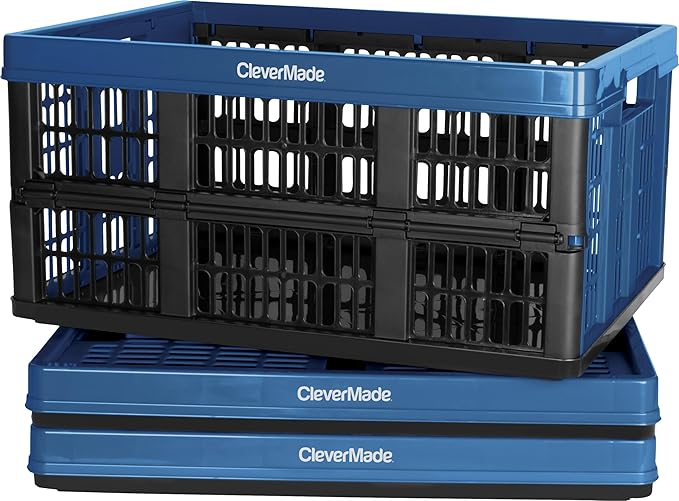 CleverMade Collapsible Utility Crates - Ocean 3 Pack 45L / 11 Gal holds 66 lbs - Stackable Containers Heavy Duty Capacity Crates Space-Saving Baskets