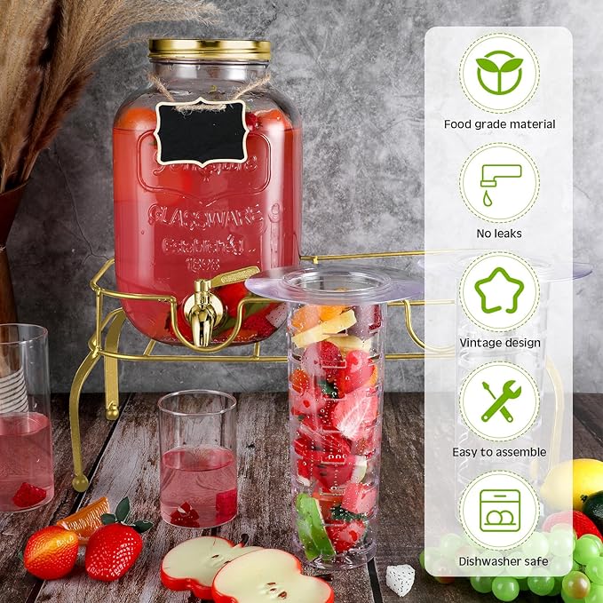 Lallisa 2 Pcs 2 Gallon Glass Drink Dispenser with Stand Ice Cylinder Hanging Chalkboard Signs 18/8 Stainless Steel Spigot Beverage Dispensers for Parties Mason Jar Drink Lemonade (Gold)
