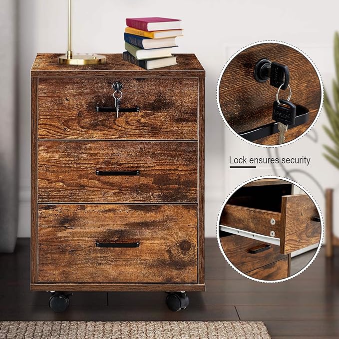 File Cabinet with Lock 3 Drawer Mobile Filing Cabinet with 360° Swivel Wheels, Under Desk Storage Cabinet Wooden File Organizer for Legal/Letter/A4 Documents, Home Office Storage (Brown)