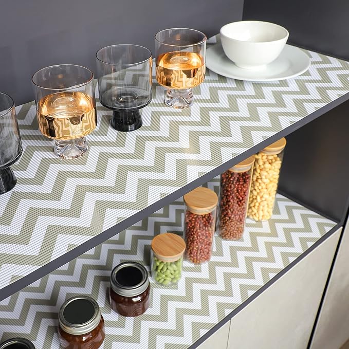 Glotoch Shelf Liner 12" x 20FT Non Adhesive Refrigerator, Kitchen, Drawer Liners, Waterproof and Durable Fridge Table Place Mats for Cupboard, Cabinet, Drawer Liner, Gray and White, Chevron