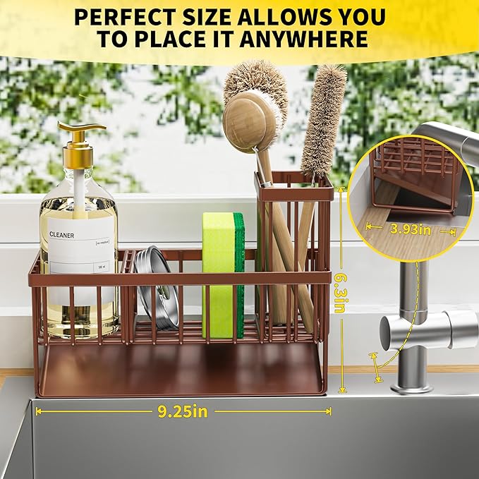 Cisily Kitchen Sink Caddy, Sponge Holder for Kitchen Sink, Kitchen Sink Organzier and Storage with High Brush Holder, Rustproof 304 Stainless Kitchen Gadgets Sink Accessories(Brown)