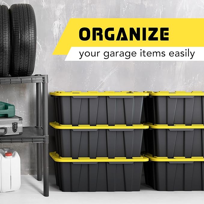 Lifetime Home 8 PACK of Medium 12 Gallon Plastic Storage Bin Tote Organizing Container with Ultra Durable Secure Latching Lids, Stackable, Extra Strength Clear with Built in Handle - Black and Yellow