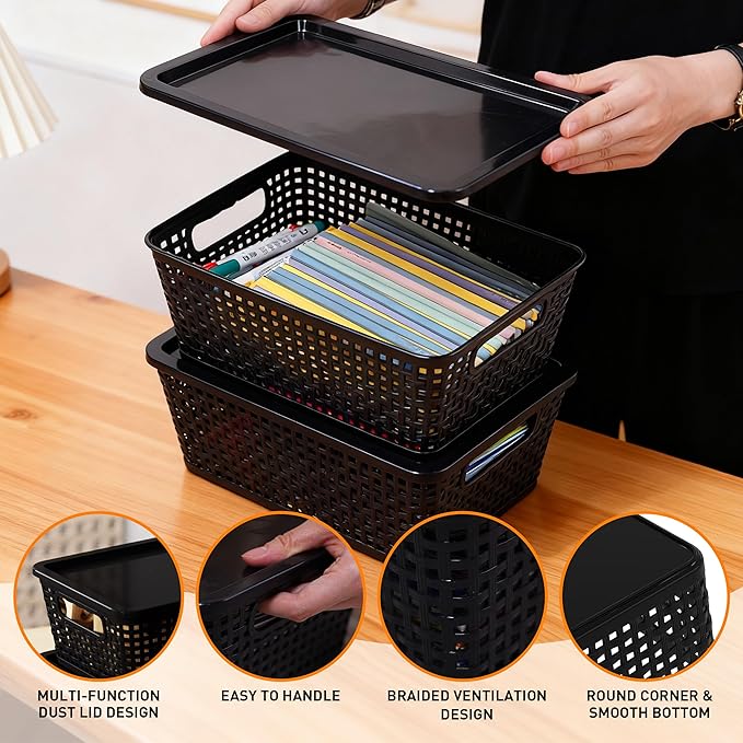 Plastic Storage Baskets With Lid, Storage Bins for Organizing, Stackable Decorative Containers for Shelves Drawers Desktop Closet Playroom Classroom Office, 6 Pack-Black