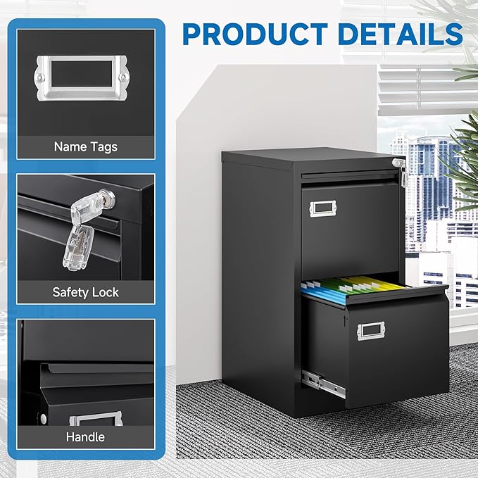 2 Drawer File Cabinet with Lock Metal Vertical Filing Storage Cabinet Office Home Steel Vertical File Cabinets for A4 Legal/Letter Size Narrow File Cabinet Locked,Assembly Required