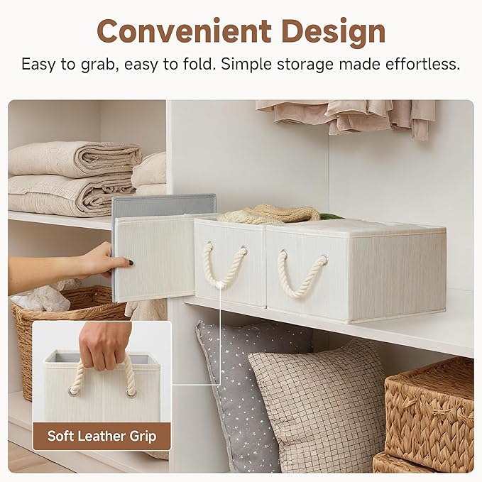 StorageWorks Storage Baskets for Shelves, Foldable Fabric Closet Storage Bins with Handles, Fabric Storage Bins Clothes Organizer, Beige, White & Ivory, 3-Pack, Small