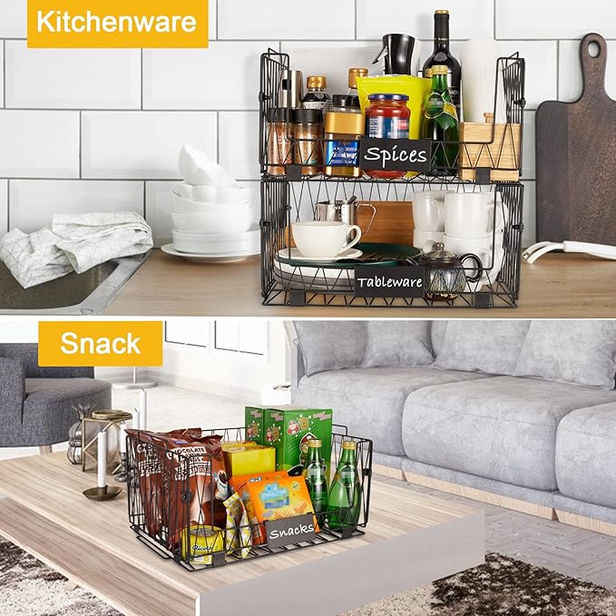 2 PACKS XXL Kitchen Organization and Storage Pantry Baskets, Fruit & Vegetable Basket for Kitchen Cabinet, Stackable Wire Metal Baskets for Snack Chips Onion Potato Cans