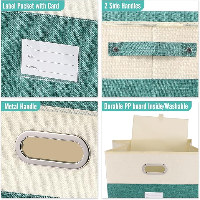 Large Linen Fabric Foldable Storage Bins with Removable Lid and Handles, Washable Storage Box Organizer Containers Baskets Cube with Cover for Bedroom,Closet,Office (Coffee&Cream, Medium)
