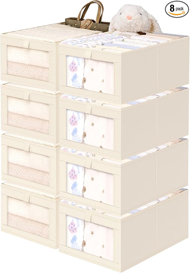 Criusia Beige Linen Closet Organizers and Storage, 8 Pack Foldable Mesh Window Large Linen Closet Baskets