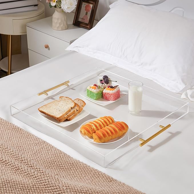 Extra Large Clear Acrylic Serving Tray (18×18 Inches) with Gold Handles Spill Proof Acrylic Over Size Big Decorative Tray Organiser for Ottoman Coffee Table Countertop